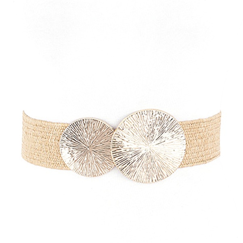 Gold Double Buckle Straw Elastic Statement Belt